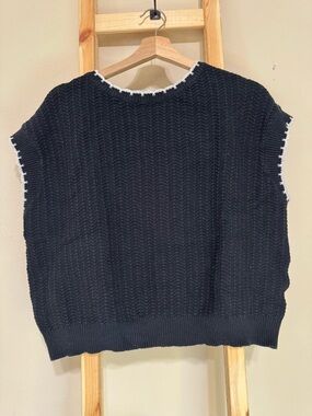 Sleeveless Black Knit Vest with White Trim